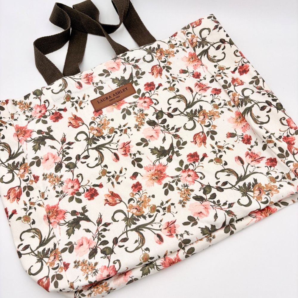 Laura Ashley Floral Canvas Tote Bag Cream Pink Botanical Print Large Handbag NEW